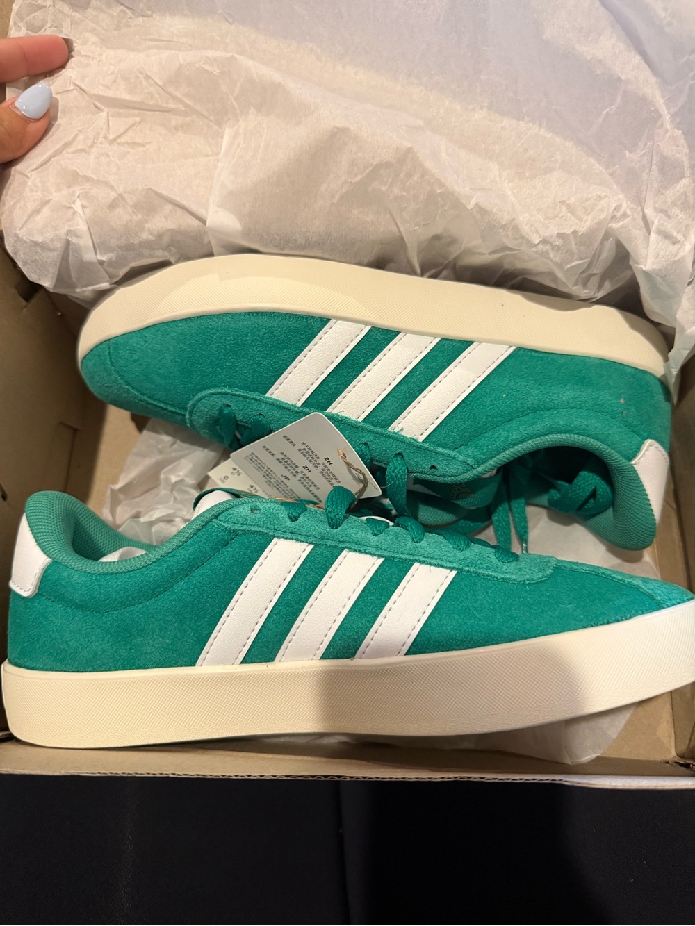 Adidas Women's Green Suede Sneakers with White Stripes